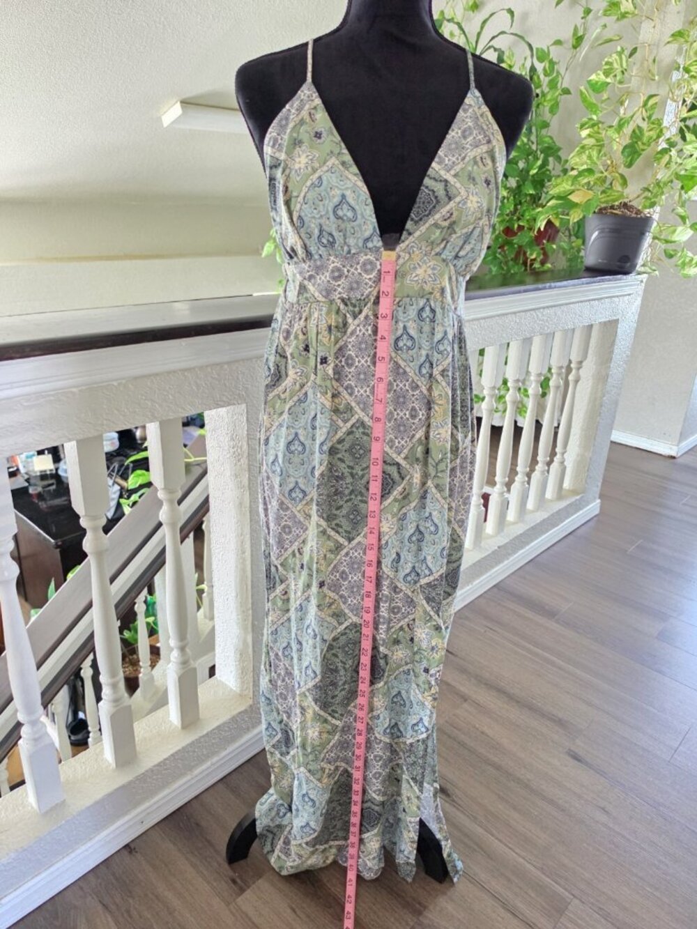 Inspired Hearts Green/Blue Paisley Rayon Maxi Dress V-Neck Spaghetti Strap Large - Picture 3 of 7